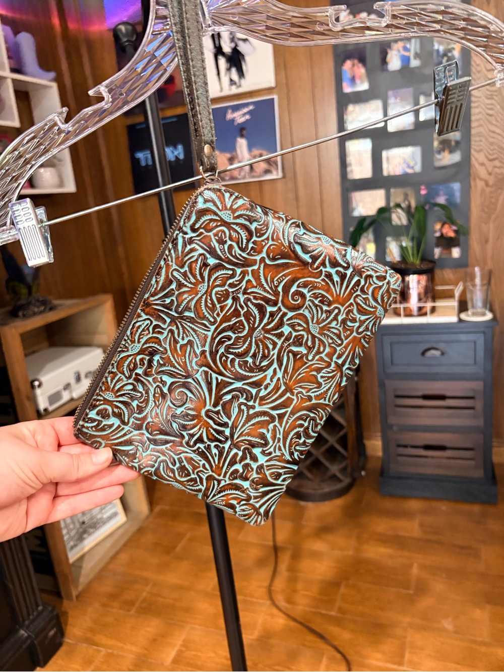Patricia Nash Cassini Tooled Turquoise Leather Wristlet, Purse + Dust Bag